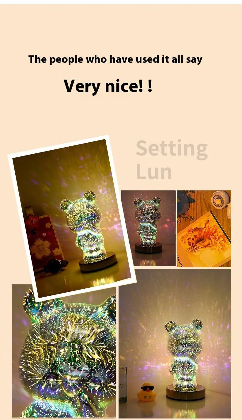 3D glass finger bear bedside lamp with multicoloured fireworks lighting effect