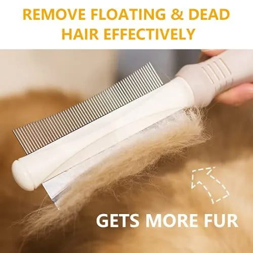 White 2-in-1 dog and cat deshedding brush and grooming comb with curved comb side and ergonomic handle.