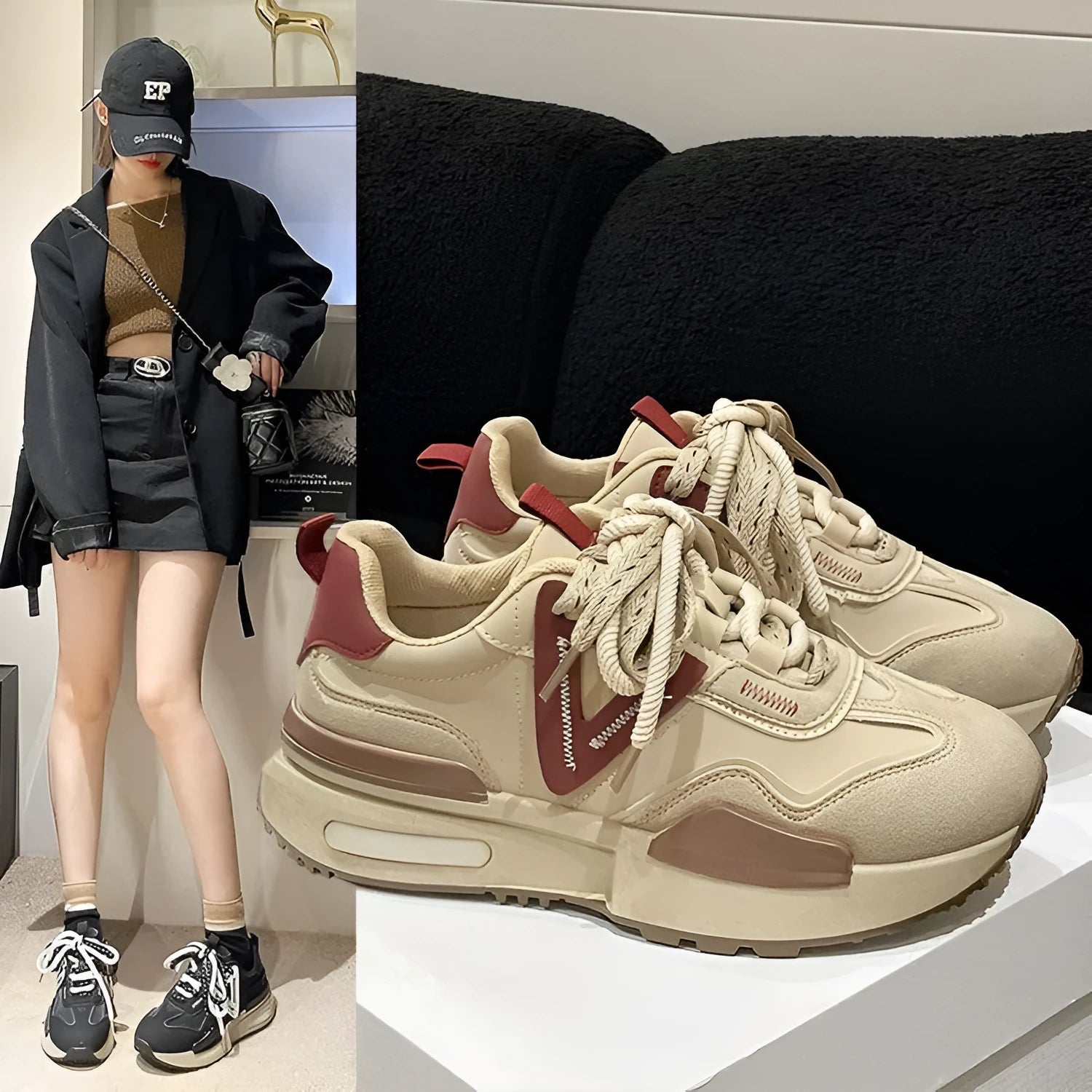 Women's black and khaki red retro platform sports shoes with round toe and lace-up front