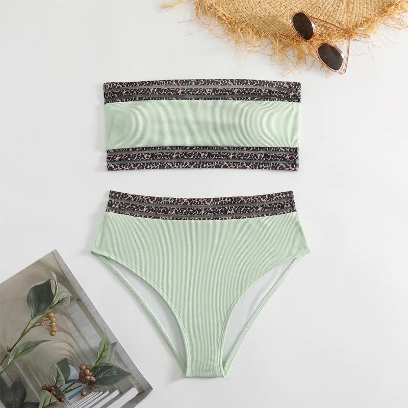 Black strapless bikini set with leopard print detail on briefs