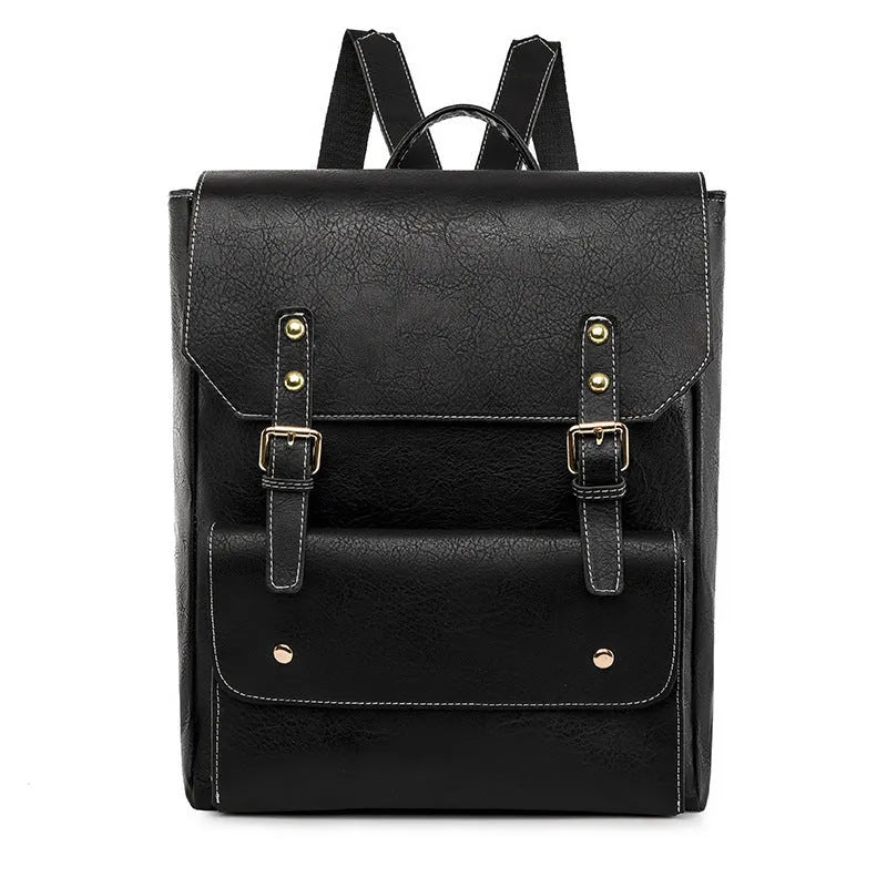 Korean retro style simple backpack in soft PU leather, shown in black, dark brown, milky white, and brown colour options.