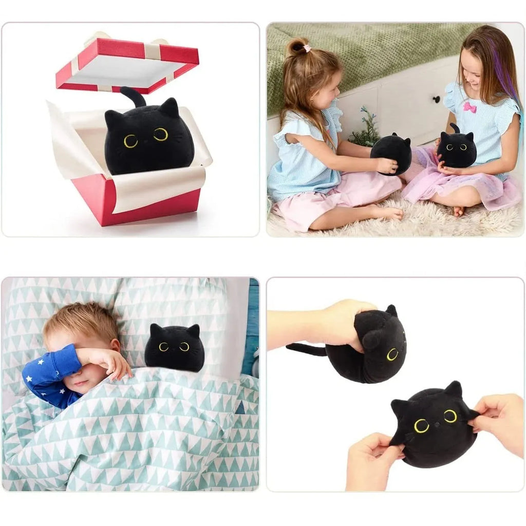 Fluffy black cartoon cat plush toy, 28cm tall, on a neutral background.