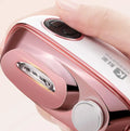 Blue electric nail clipper and polisher two-in-one grooming tool with USB-C cable and cleaning brush.