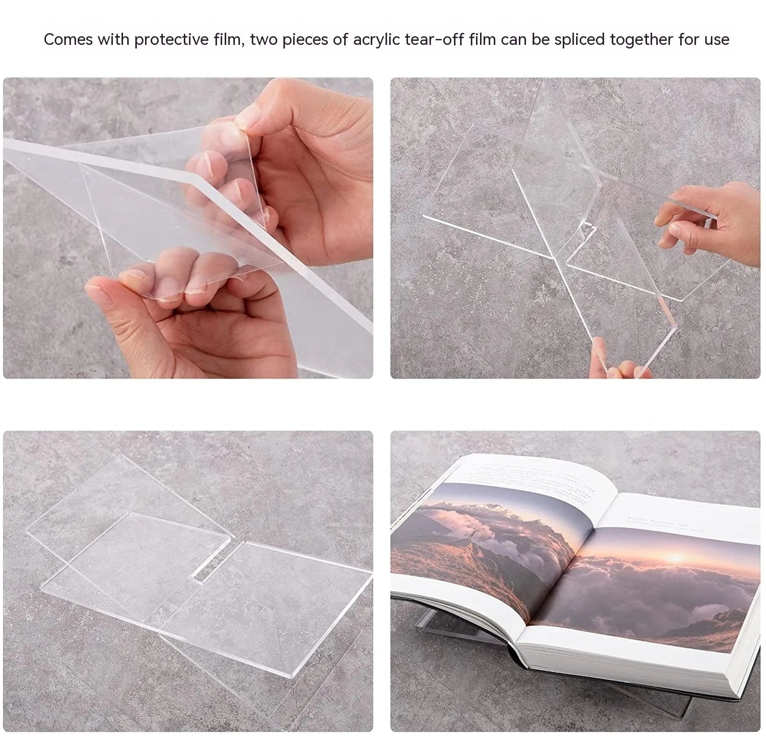 Clear acrylic X-shaped book display stand holding a hardback book on a wooden desk.