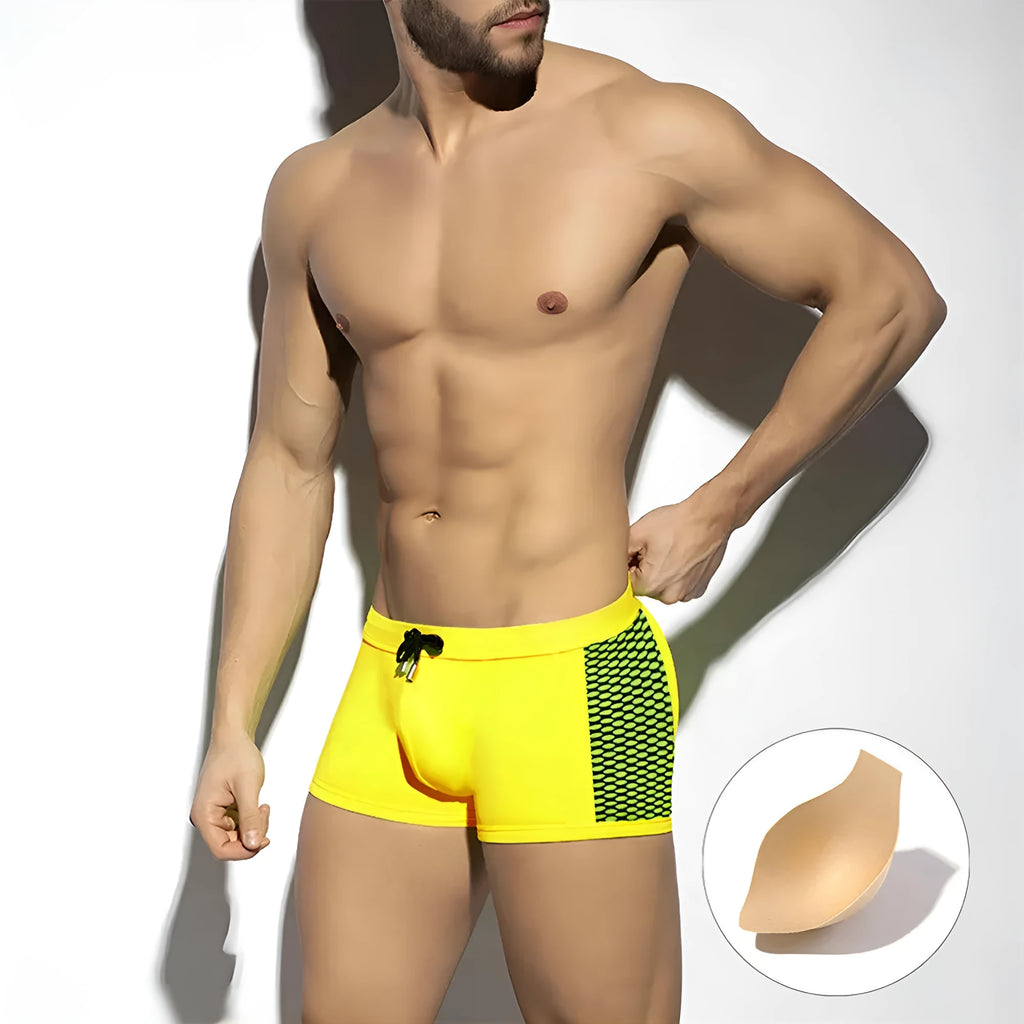 Men's polka dot print quick-dry swimming boxers in three colour options with nylon fabric