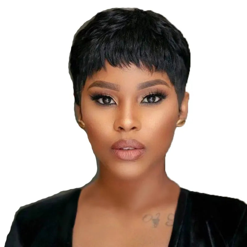 Short hair wig in black, lightweight chemical fiber mechanism headgear for women