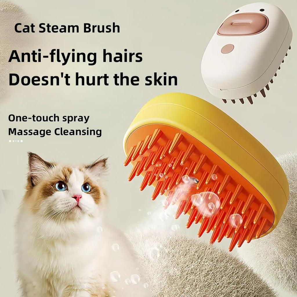 White rechargeable pet steam brush with silicone comb teeth for grooming dogs and cats.