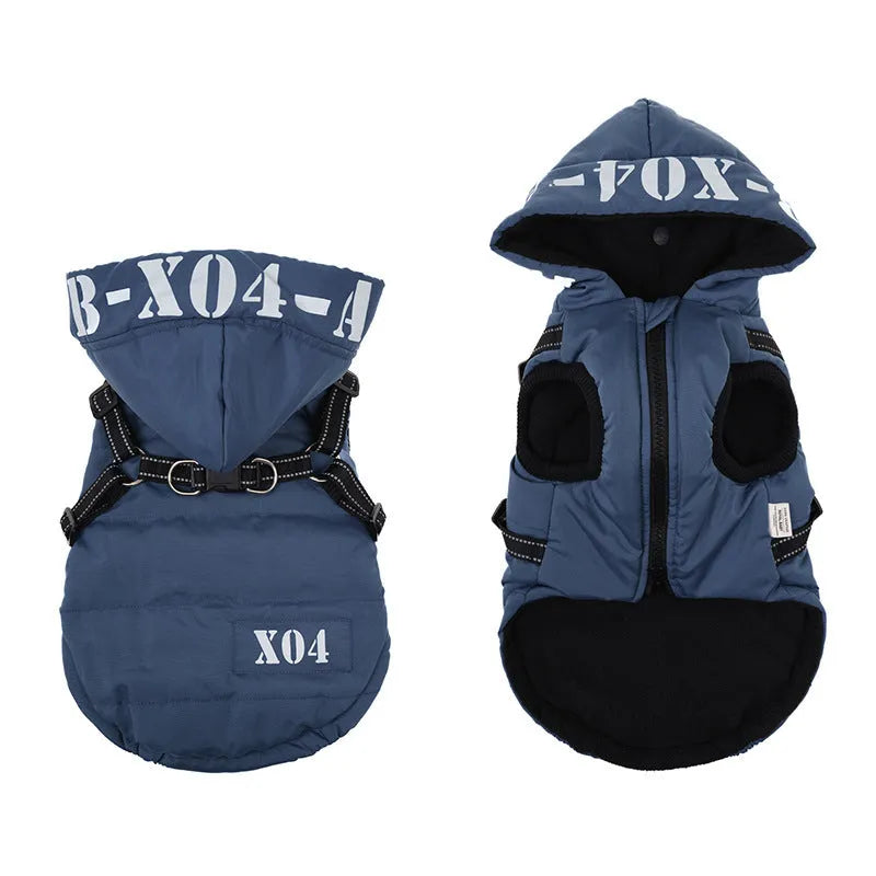 Fleece-lined waterproof dog jacket with hood in red, grey, blue or black colours