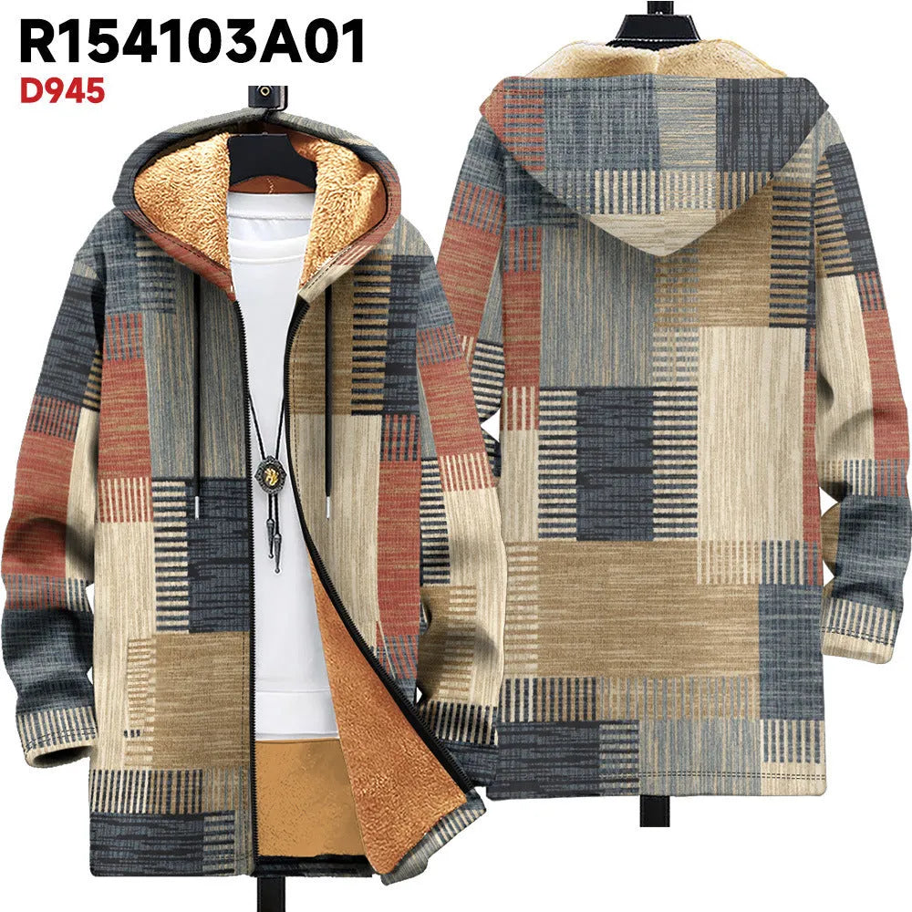 Men's hooded zip-front cardigan with multicolour digital print pattern in loose fit