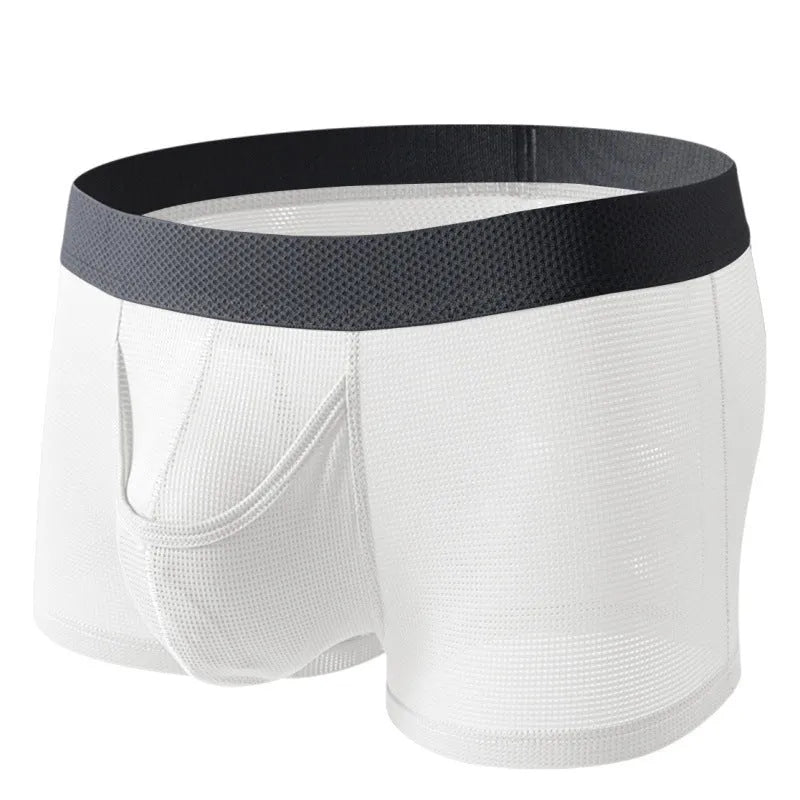 Men's solid colour ice silk boxer briefs with a low waist and mesh knit fabric.