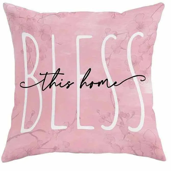 Square short velvet cushion cover with cherry blossom and letter print, 45cm, shown in one of four available colours.