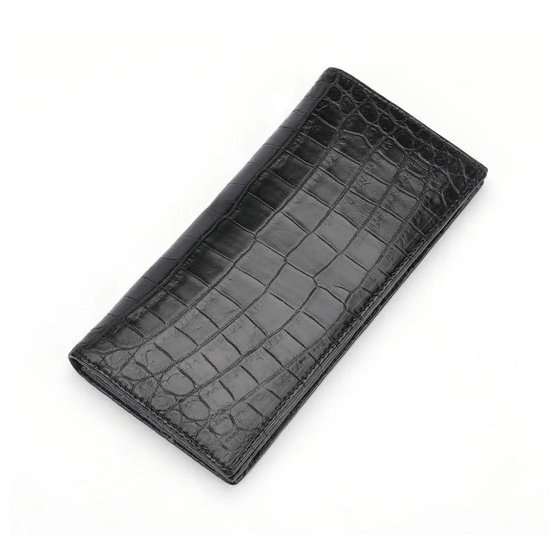 Men's black genuine leather business wallet with card and coin slots on white background