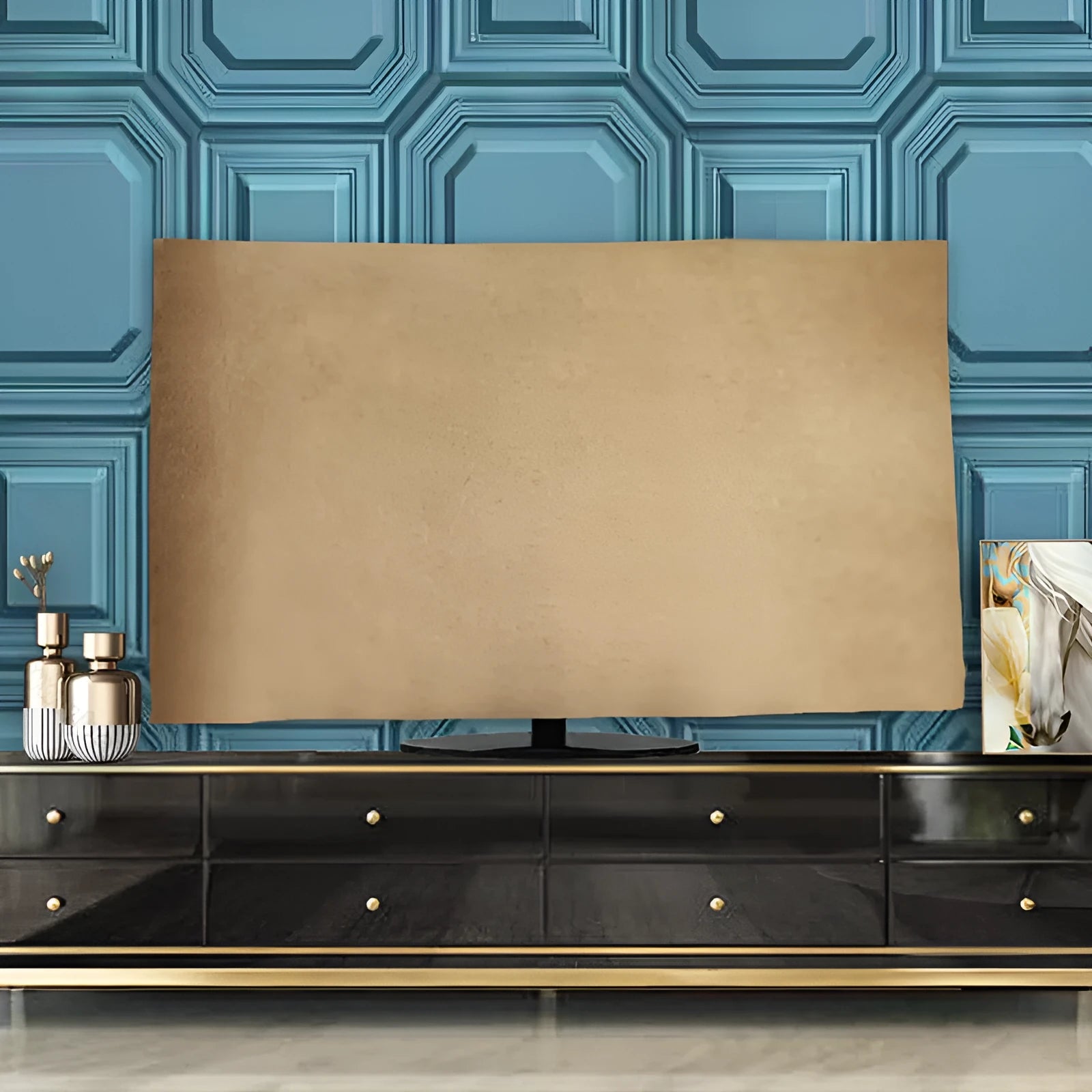 Velvet fabric TV cover with national style pattern, shown in light blue colour for a flat-screen television.