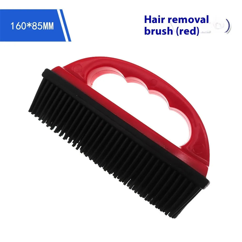 Red pet hair removal brush with rubber teeth and flexible silicone bristles measuring 160mm by 85mm