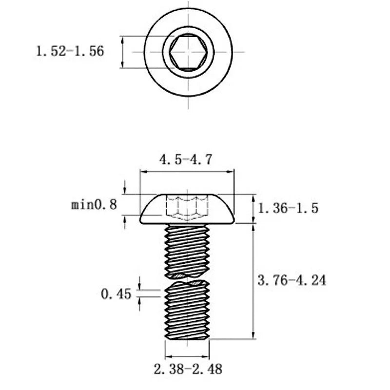 Stainless steel half round head hexagon screw with whitewash finish, shown next to a hex key.