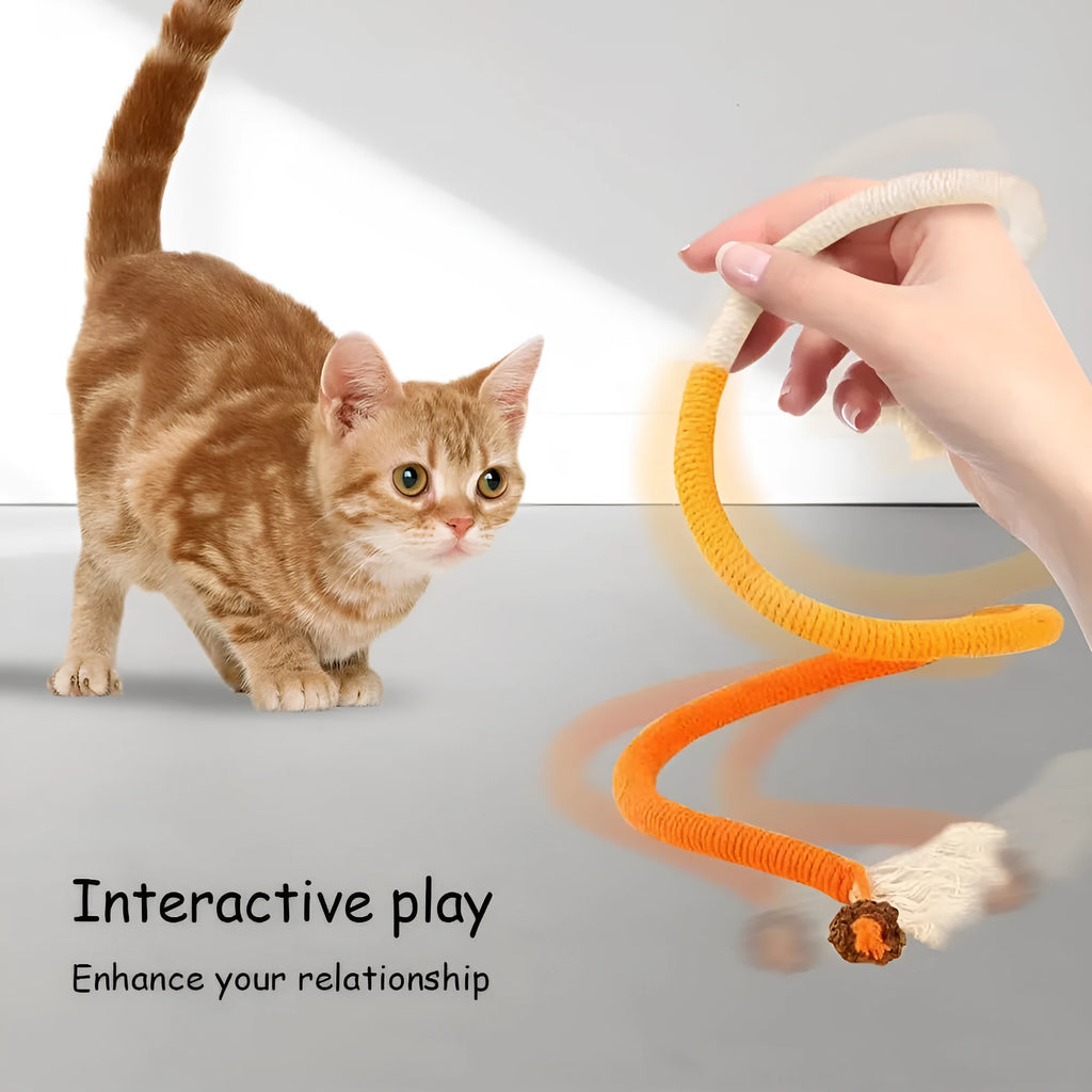 70cm long cat chew rope toy in three colours: purple, orange, and red with green, made from cotton string