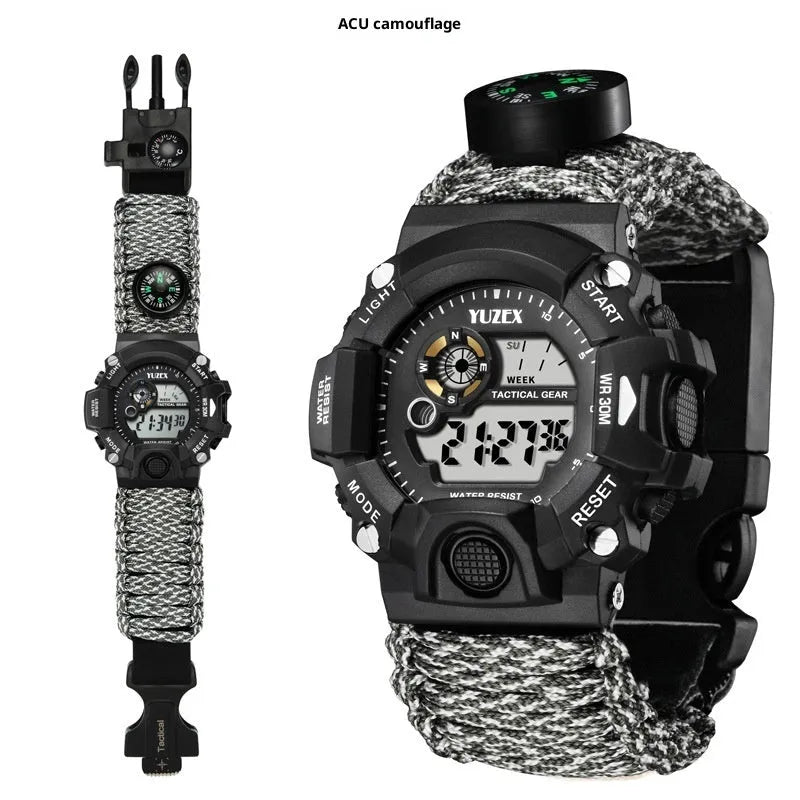 Multifunctional survival bracelet watch with parachute cord strap, firestone, whistle, and compass on a wrist in outdoor setting