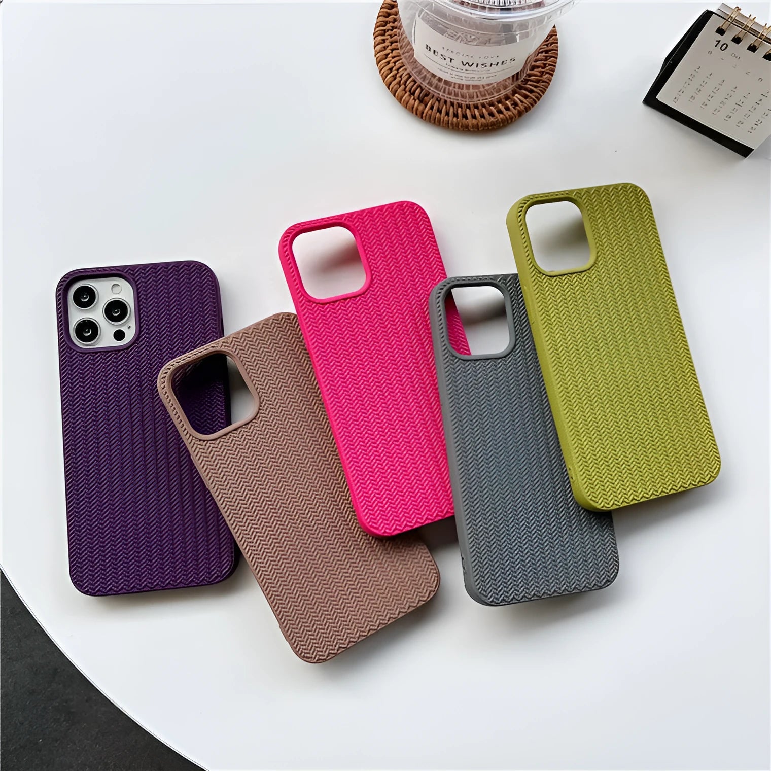 Woven liquid silicone phone case with wave pattern for iPhone, available in multiple colours