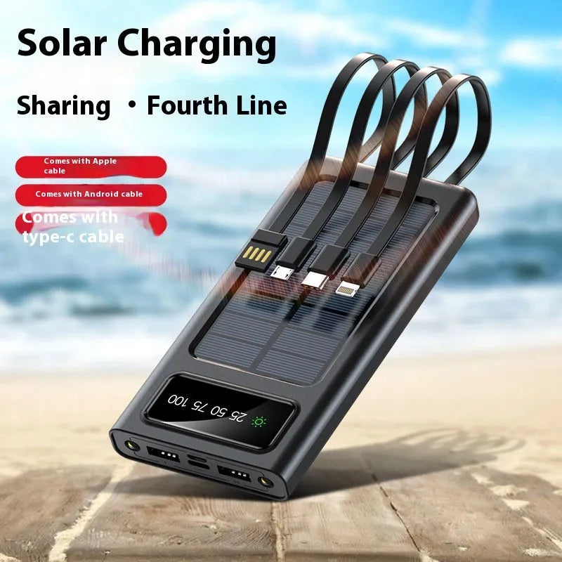 Black solar power bank with integrated charging cable showing 20000mAh capacity and solar panel