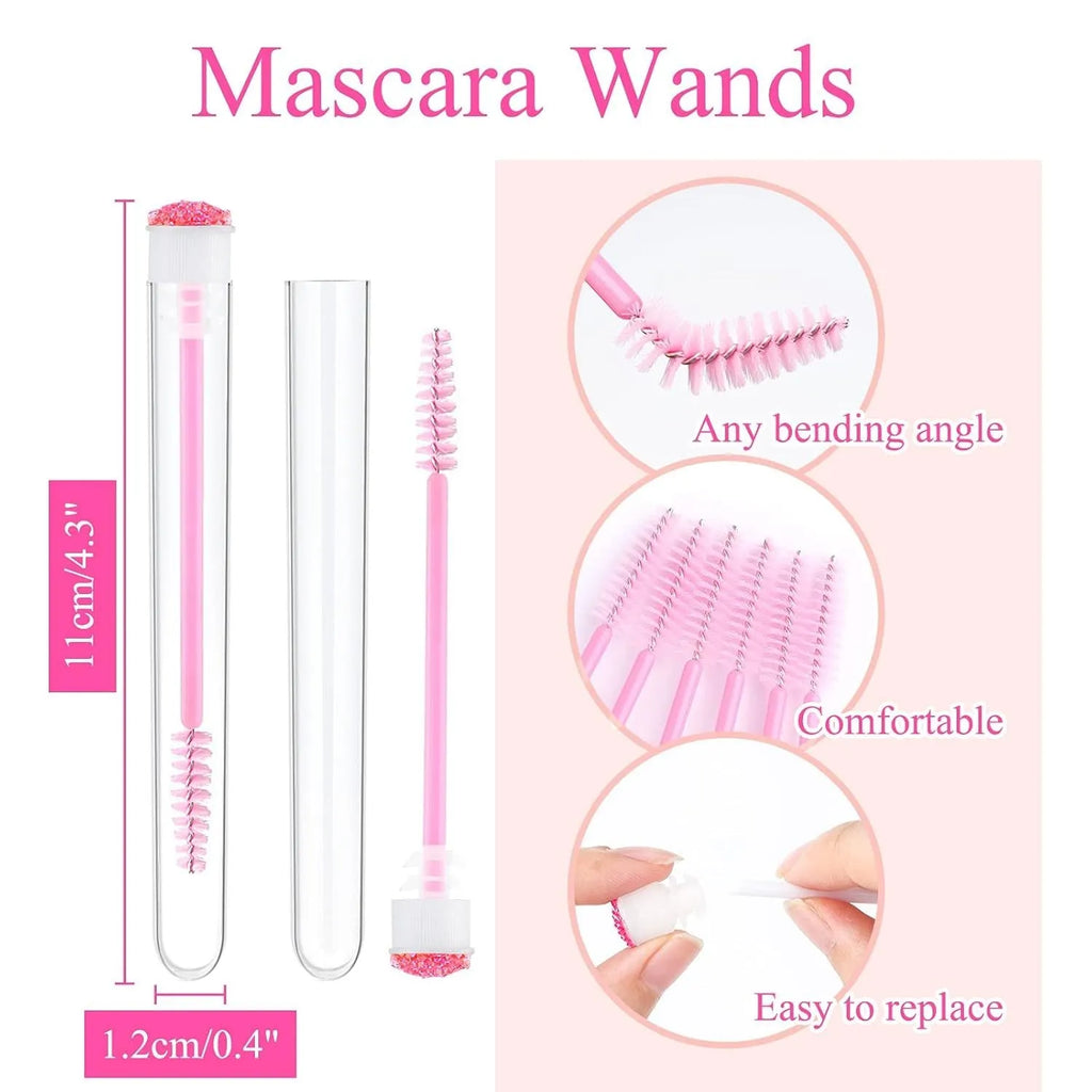 Disposable eyelash brushes in blue, green, pink and purple colours with transparent protective storage tubes
