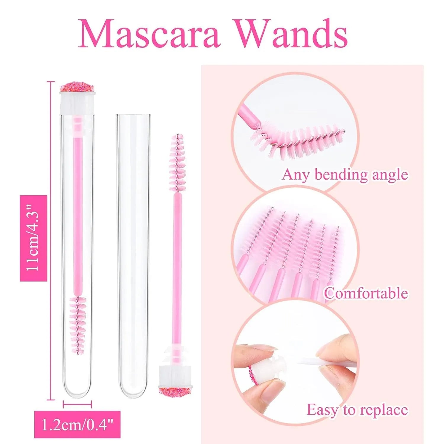 Disposable eyelash brushes in blue, green, pink and purple colours with transparent protective storage tubes