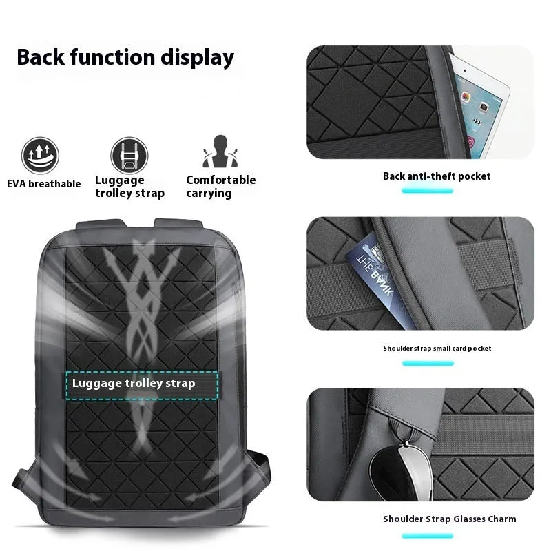 Men's Oxford cloth backpack with sewing line detail in dark grey colour