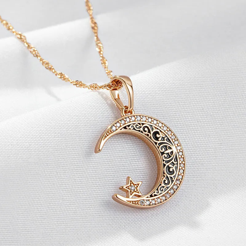 Rose gold star moon necklace with enamel zircon pendant on water wave chain