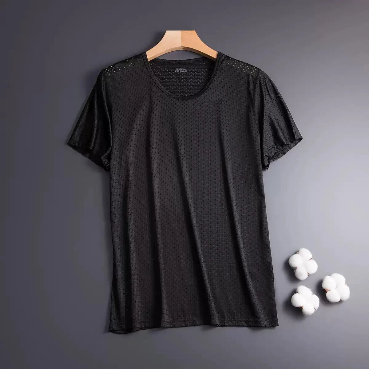 Men's solid colour Ice Silk short sleeve crew neck T-shirt in loose fit on a hanger.