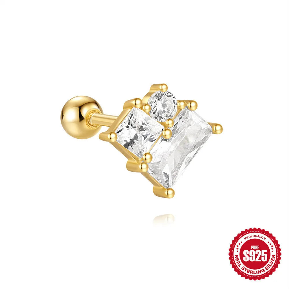 S925 sterling silver flower stud earrings with red gravel stone and gold electroplated finish