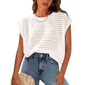 White women's crochet cover sleeve sweater with round neck in loose fit pullover style