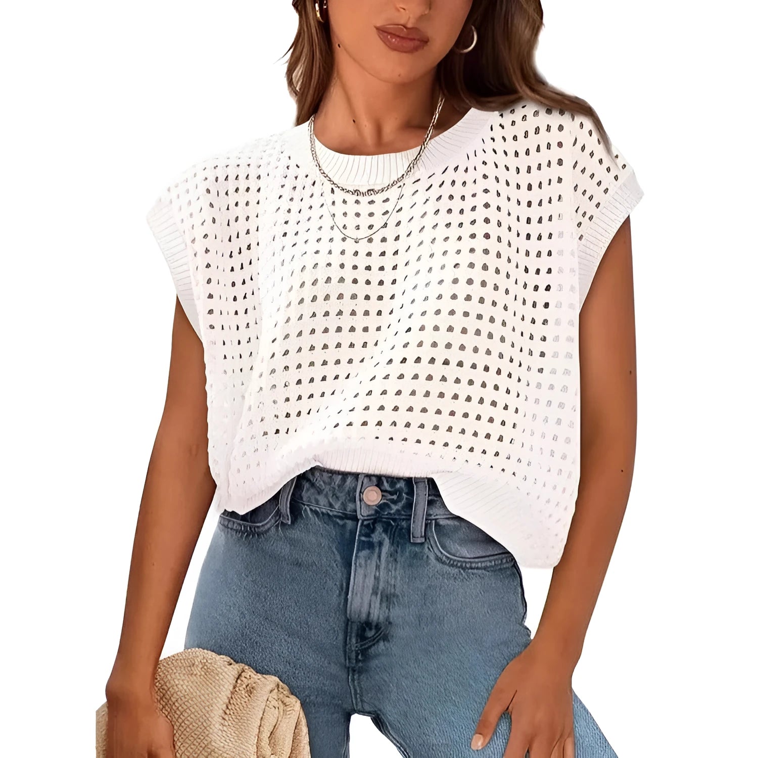 White women's crochet cover sleeve sweater with round neck in loose fit pullover style