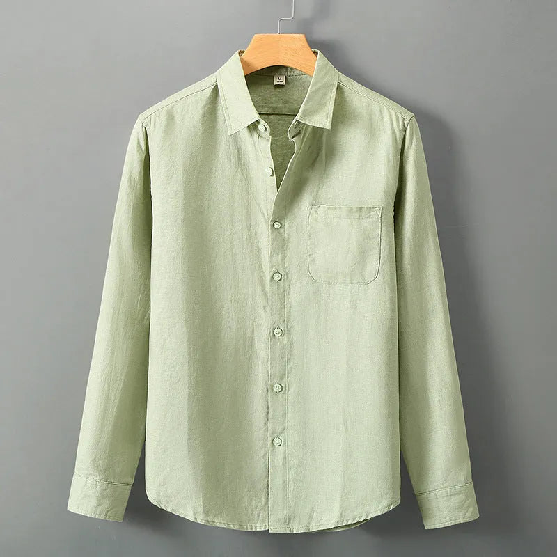 Chinese style linen cardigan shirt with long sleeves in solid colour
