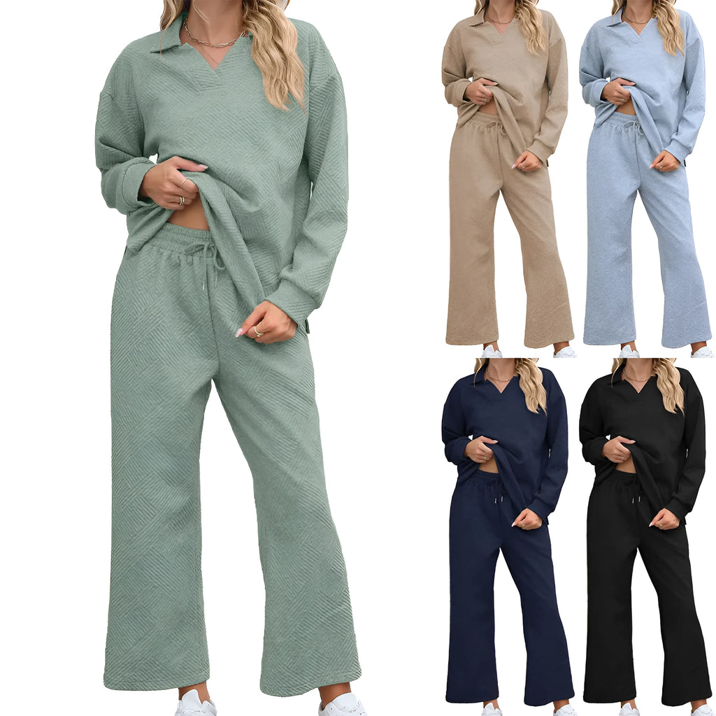 Women's solid colour rayon jacquard knit lapel sweater and elastic waist trouser set.