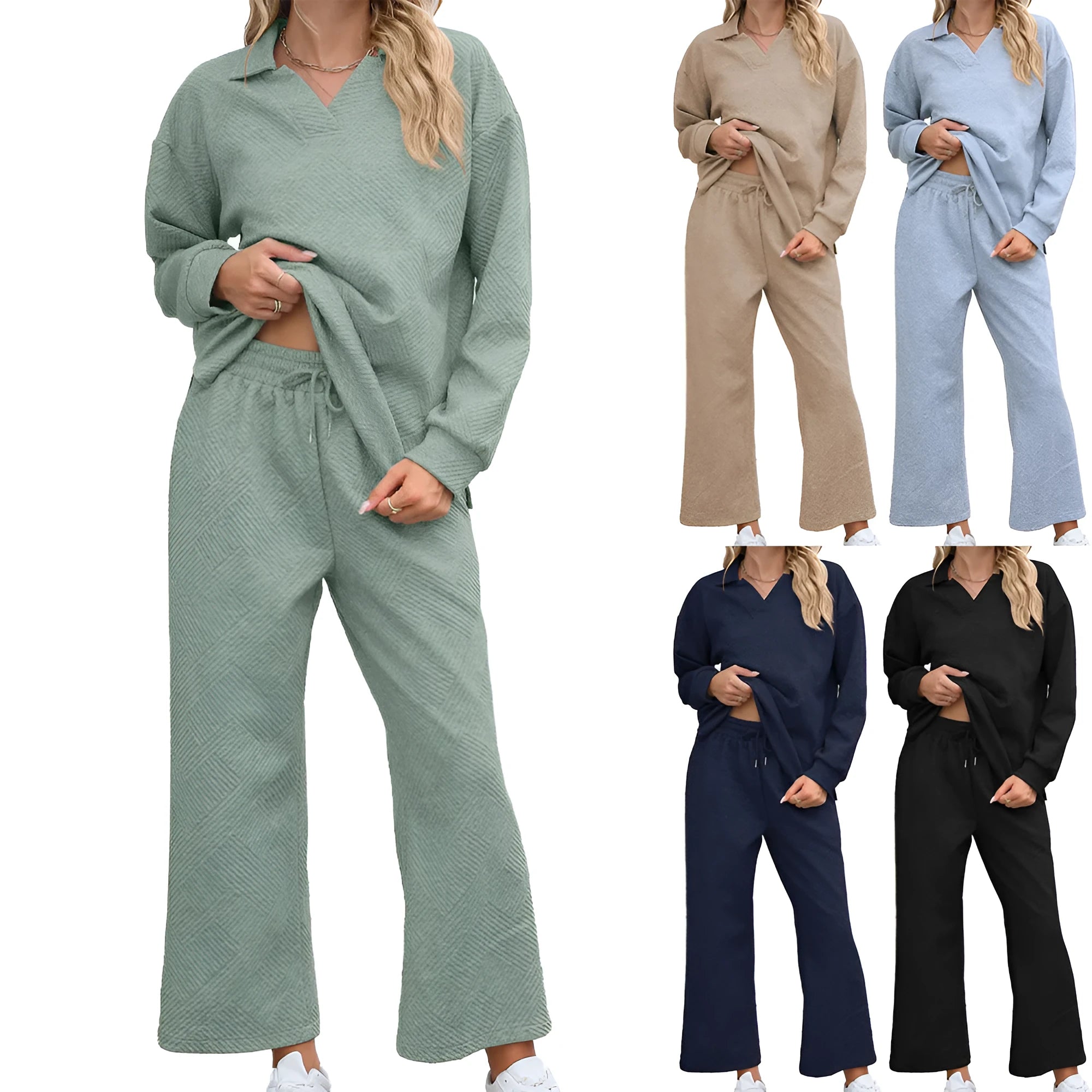 Women's solid colour rayon jacquard knit lapel sweater and elastic waist trouser set.