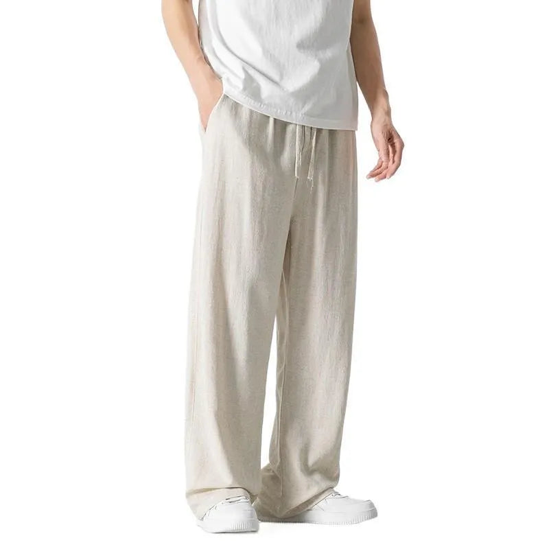 Men's bamboo fibre linen trousers in loose straight-leg cut with cropped length and drawstring waist