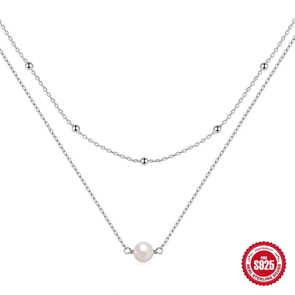 S925 sterling silver double layer twin pearl necklace in geometric design with ball bead chain