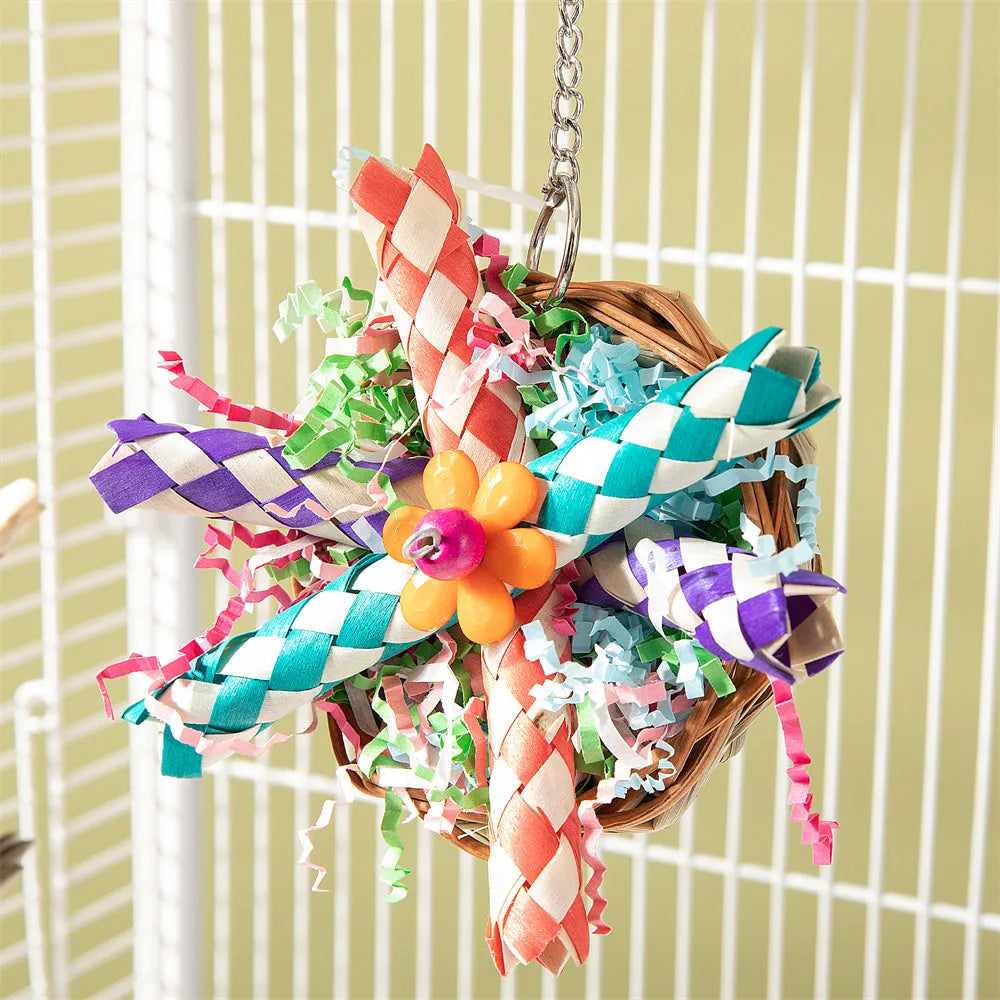 Set of three parrot gnawing molar toys labelled Type A, Type B, and Type C for bird enrichment.