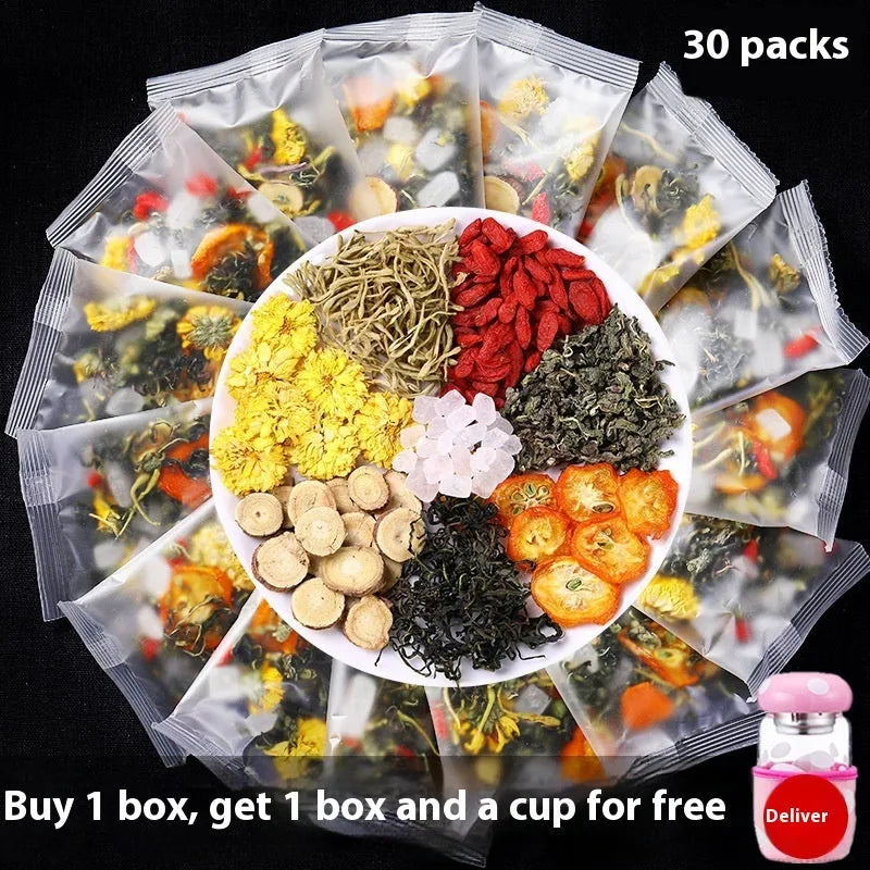 Box of honeysuckle chrysanthemum herbal tea bags with 150g net weight label.