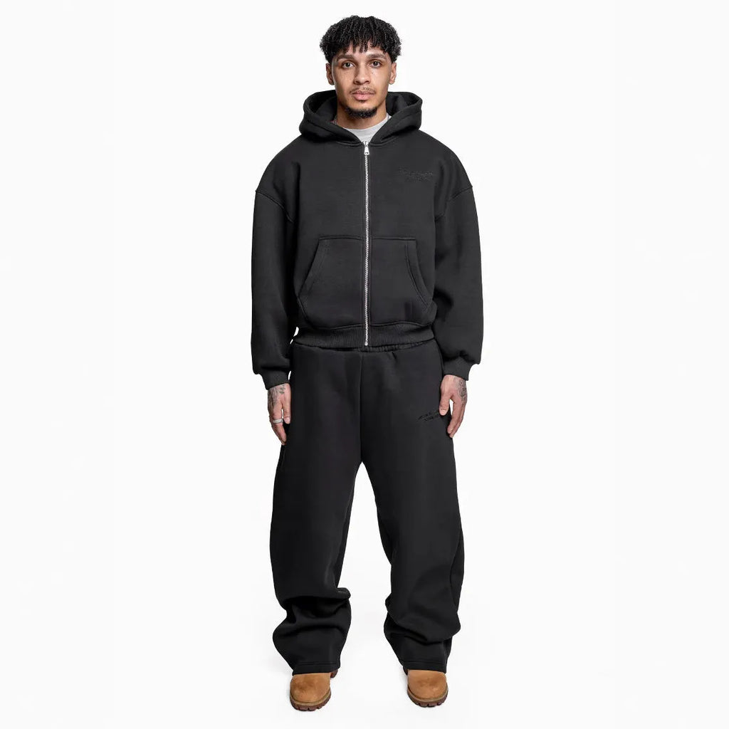 Two-piece printed street fashion suit with loose straight trousers in four colours black white sky blue orange