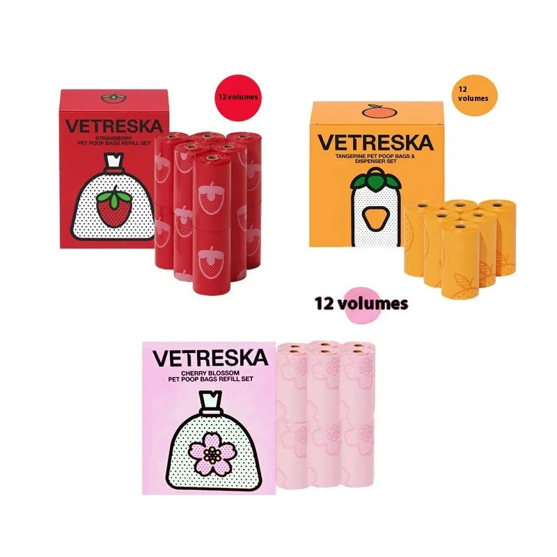 Thickened plastic dog poo bag dispenser capsule in strawberry design with a roll of scented inner bags