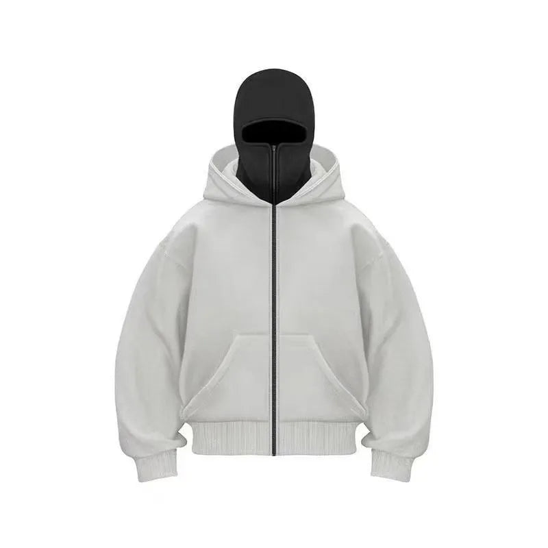 Women's loose fit solid colour polyester fleece zip top with faux fur trim on hood, front view