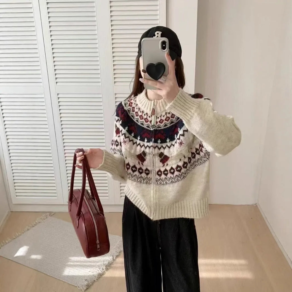 Ethnic style Jacquard pullover sweater with 3D heavy industry pattern, round neck, and long sleeves in apricot colour.