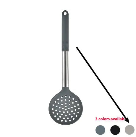 12-piece silicone kitchenware set with rotating storage bucket showing utensils in black, dark grey or khaki colours