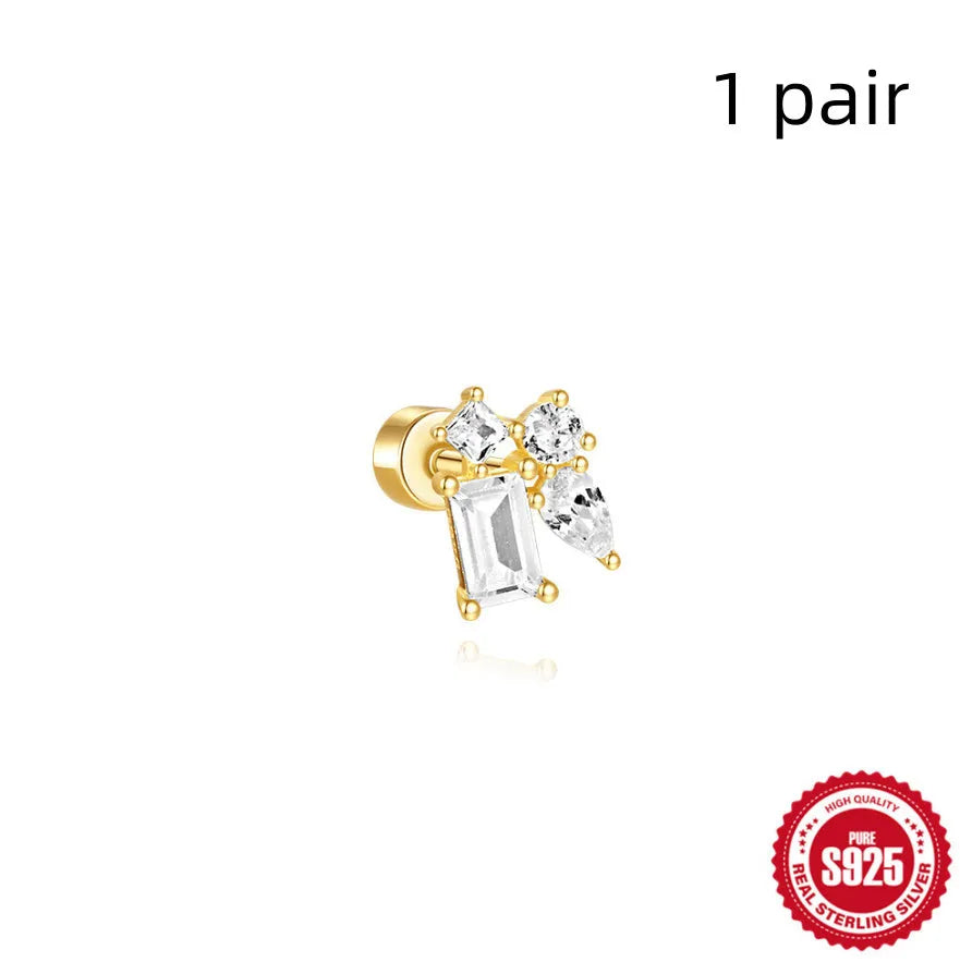 S925 sterling silver geometric flat column thread ear bone studs in gold plating.