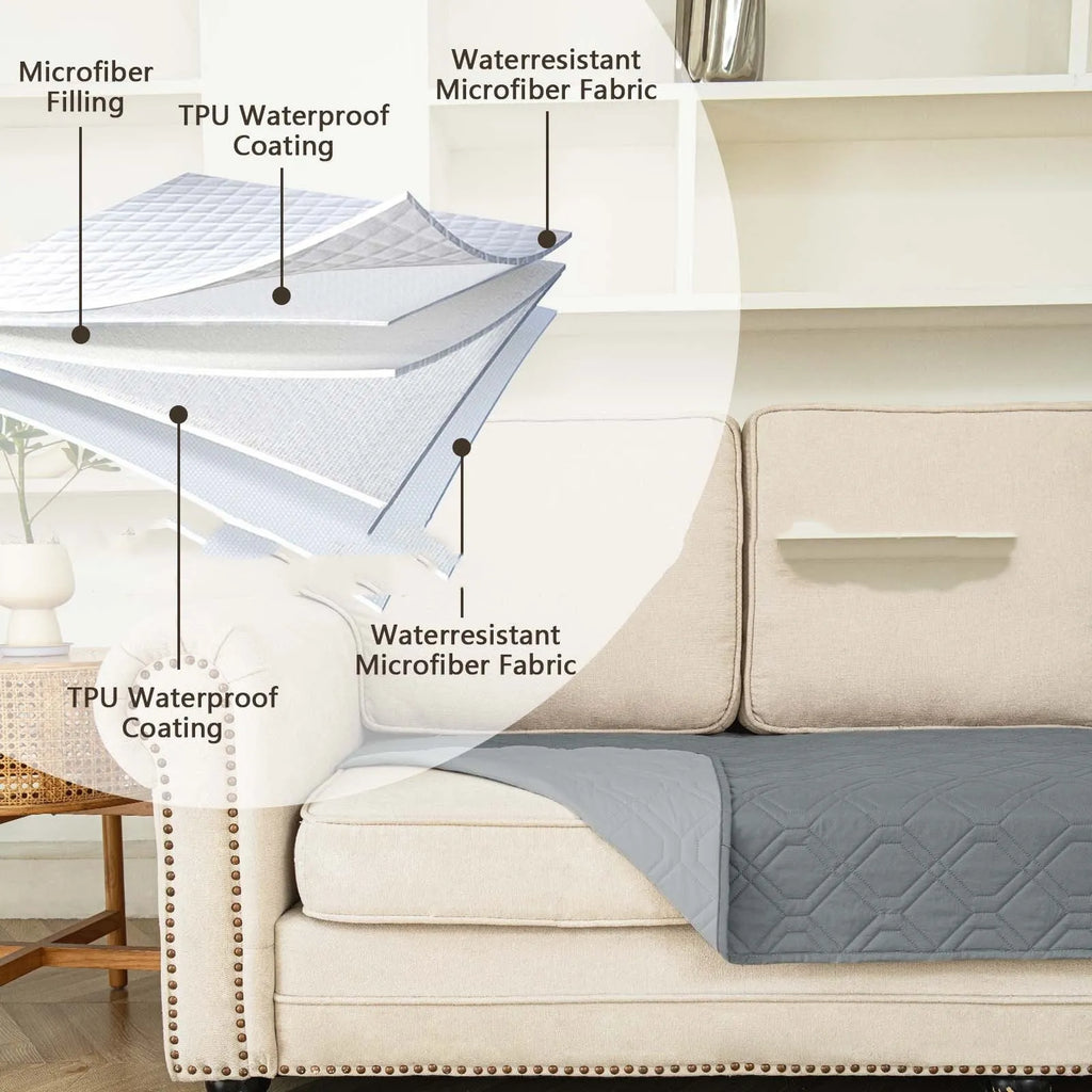 Double-sided waterproof dog sofa cushion in dark grey light grey or khaki beige, shown in various sizes on furniture.