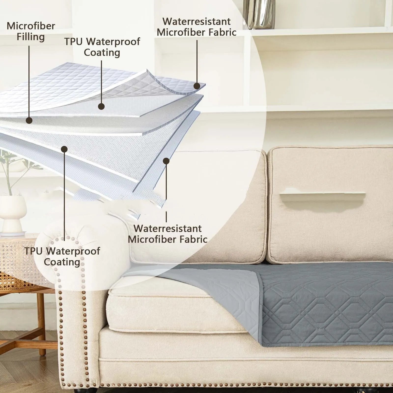Double-sided waterproof dog sofa cushion in dark grey light grey or khaki beige, shown in various sizes on furniture.