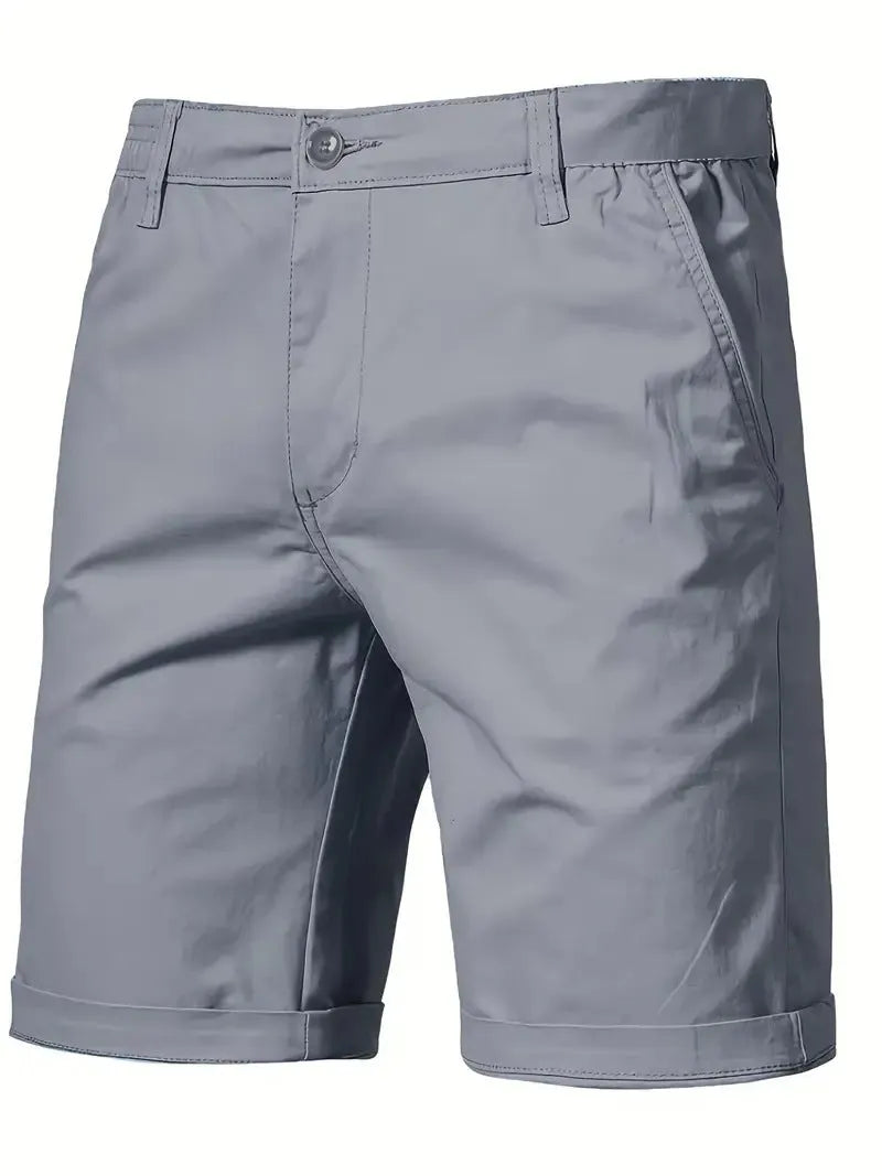 Straight-leg cotton camping shorts in khaki, with zip placket and mid waist, for teenage outdoor leisure