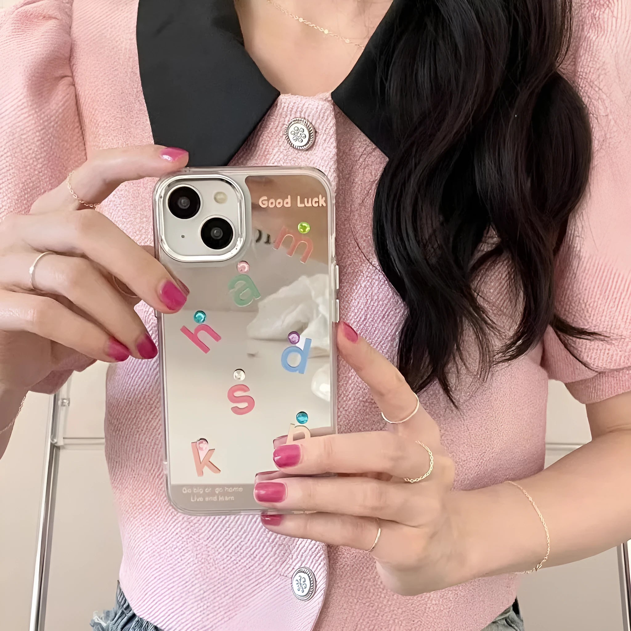 Silver Gray TPU mirror phone case with English alphabet letters and random rhinestones paster for iPhone