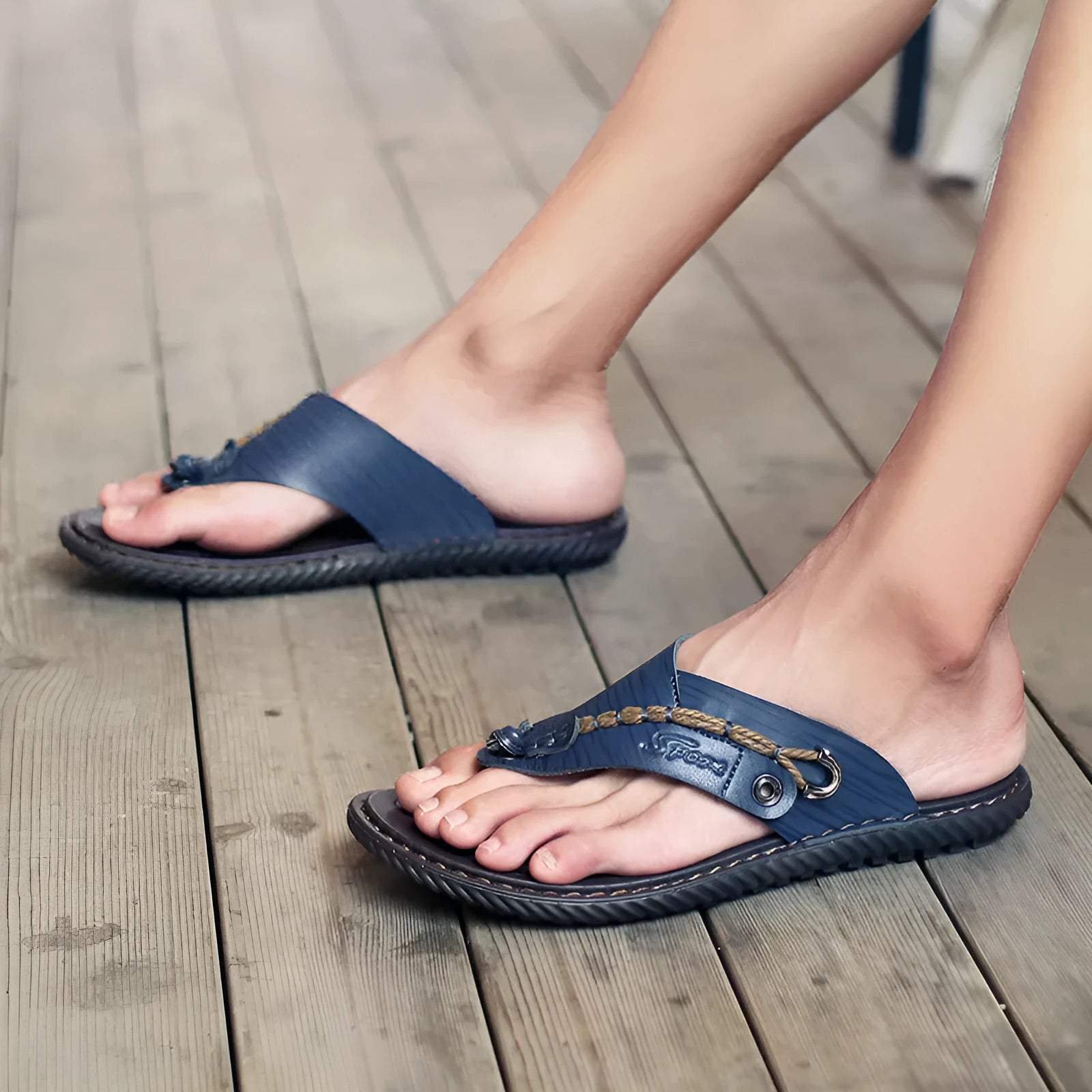 Men's black casual slippers with non-slip sole and PU leather upper on a plain background.