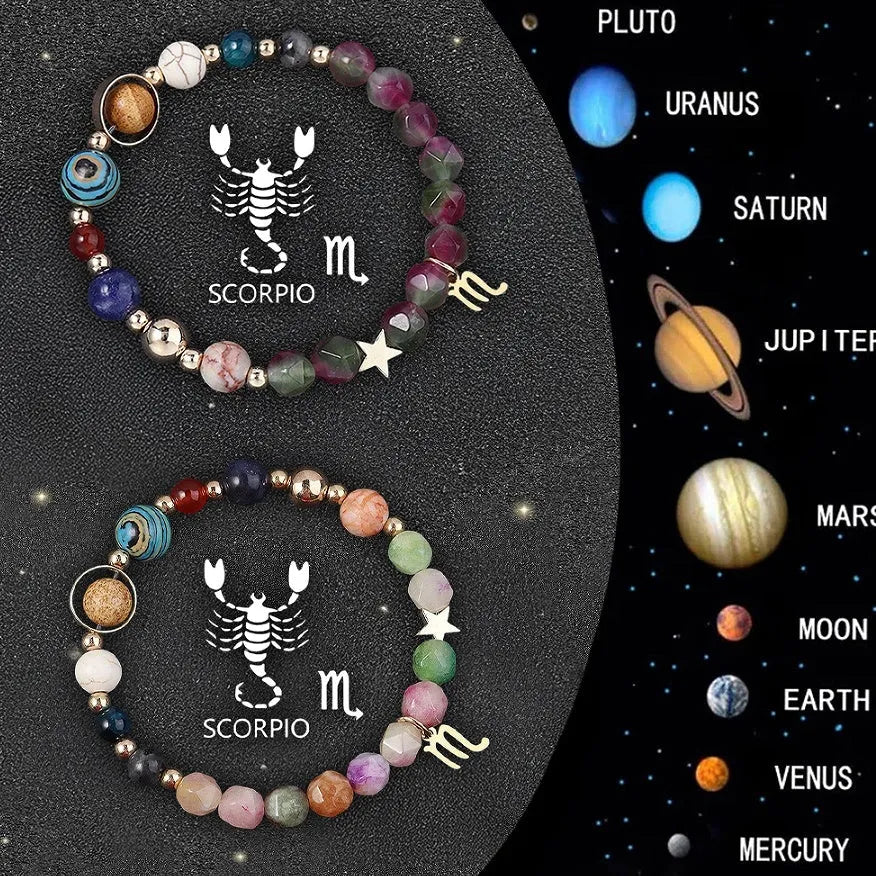 Natural stone beaded bracelets showing zodiac sign designs for complete astrological collection